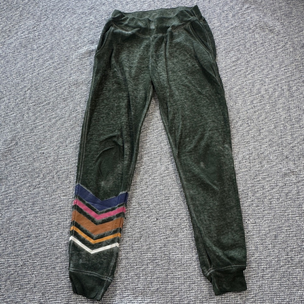 Dark Heart Women Olive Green Velour Burnout Jogger Pants Chevron Stripe Size M